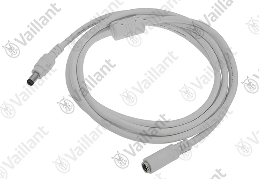 Kabel von Vaillant mit zwei Anschlüssen, einer runden und einer rechteckigen, in weißer Farbe, schlangenförmig verlegt.